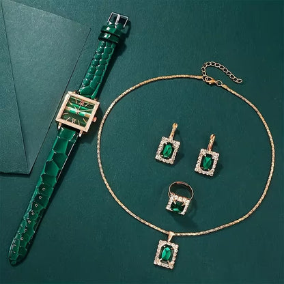 5PCS Women’s Vintage Square Quartz Watch & Jewelry Set